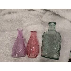 Set of 3 Decorative Glass Bud Vases Pink Lavender Green Hobnail Floral Embossed